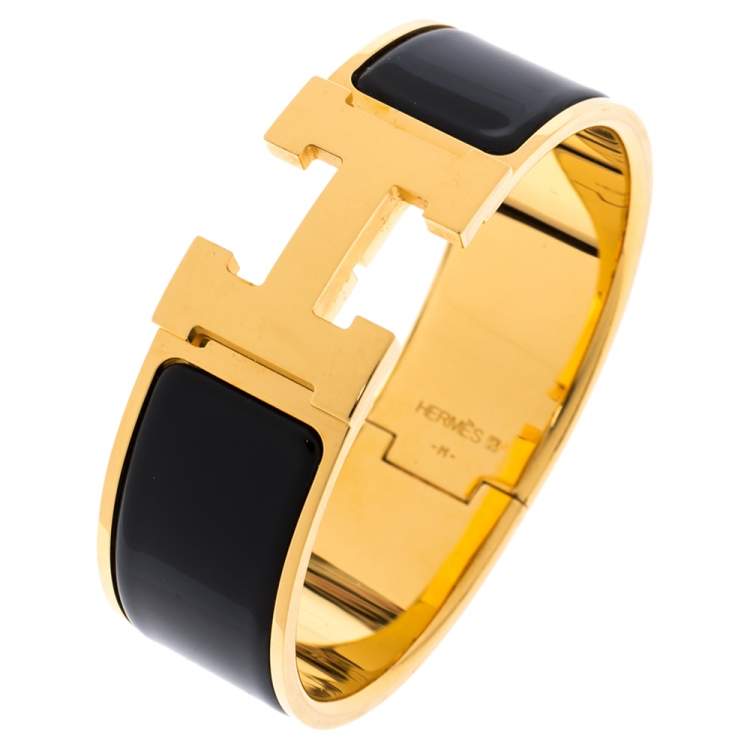 Pre Owned Hermes Clic Clac H Black Enamel Gold Plated Wide Bracelet PM