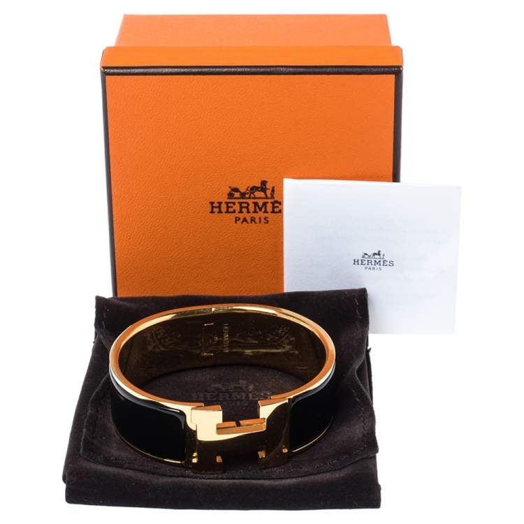 Pre Owned Hermes Clic Clac H Black Enamel Gold Plated Wide Bracelet PM