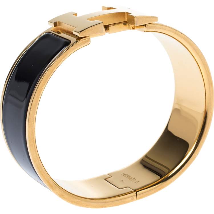 Pre Owned Hermes Clic Clac H Black Enamel Gold Plated Wide Bracelet PM