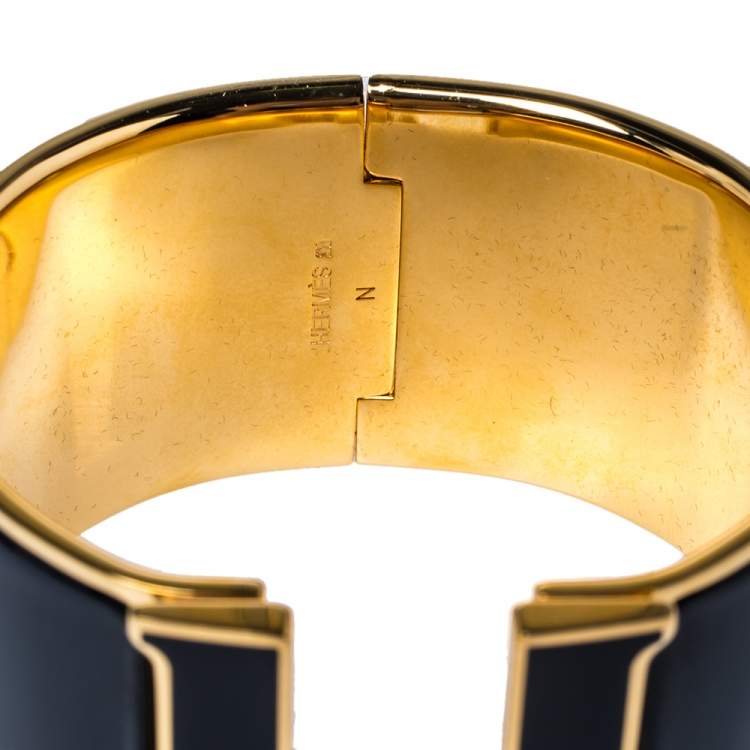 Pre Owned Hermès Clic Clac H Black Enamel Gold Plated Extra Wide Bracelet PM