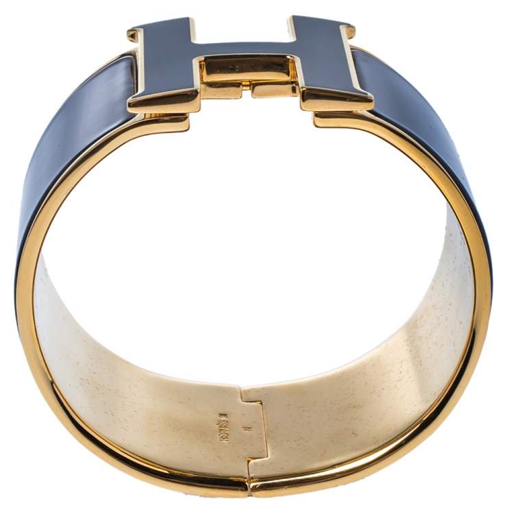 Pre Owned Hermès Clic Clac H Black Enamel Gold Plated Extra Wide Bracelet PM