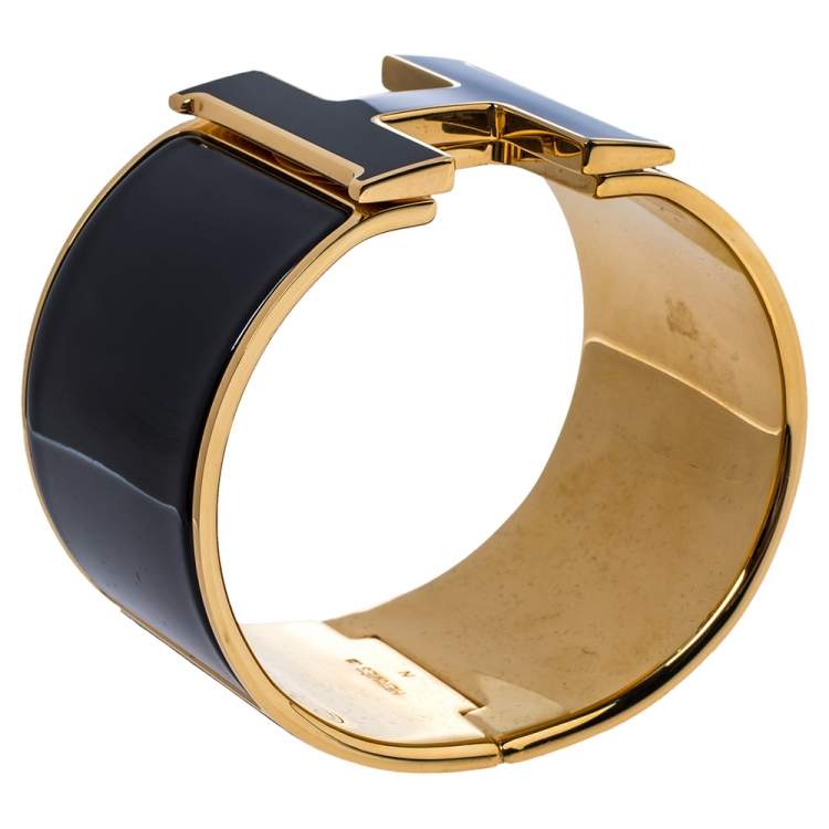Pre Owned Hermès Clic Clac H Black Enamel Gold Plated Extra Wide Bracelet PM