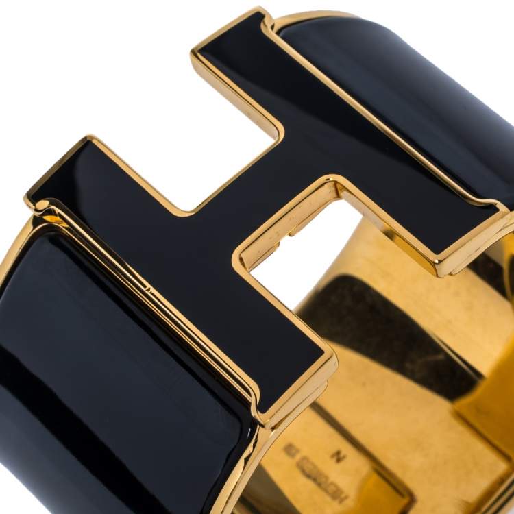 Pre Owned Hermès Clic Clac H Black Enamel Gold Plated Extra Wide Bracelet PM