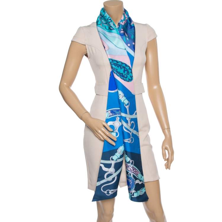 Pre Owned Hermes Blue Printed Silk Bandeau