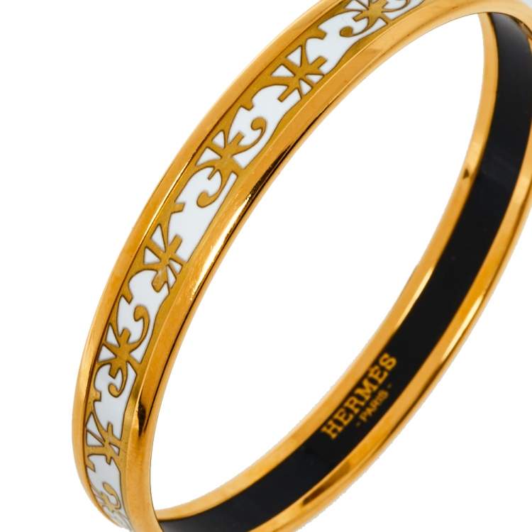 Pre Owned  Hermès Balcons du Guadalquivir White Enamel Gold Plated Narrow Bangle 