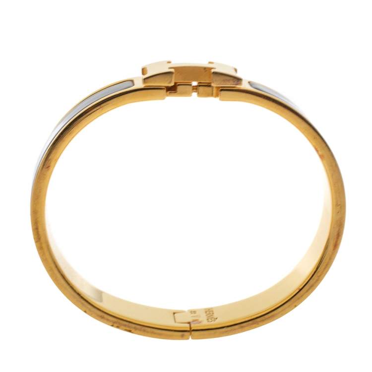 Pre Owned Hermès Clic H Brown Enamel Gold Plated Narrow Bracelet PM