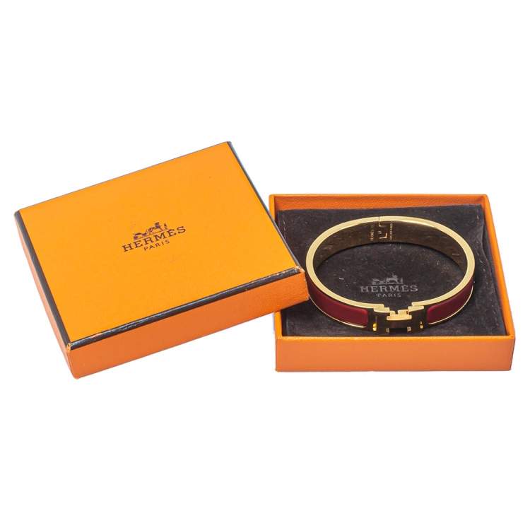 Pre Owned Hermès Clic H Red Enamel Gold Plated Narrow Bracelet PM 