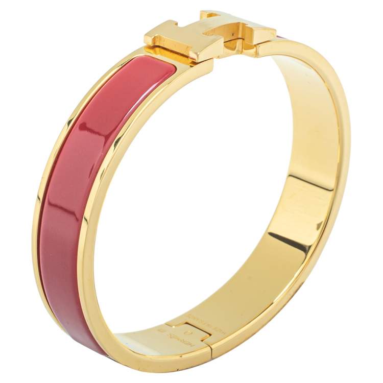 Pre Owned Hermès Clic H Red Enamel Gold Plated Narrow Bracelet PM 