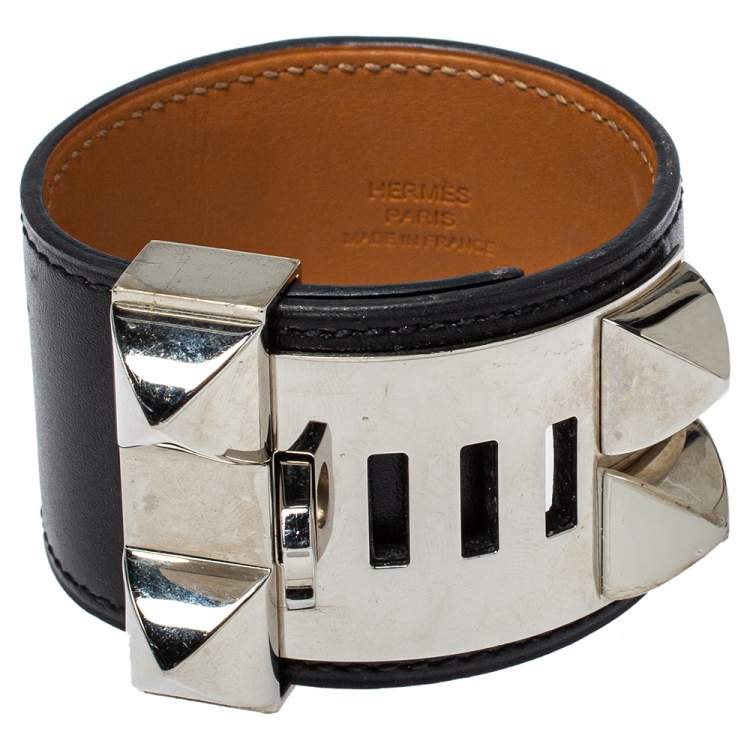 Pre Owned Hermès Collier de Chien Black Leather Palladium Plated Wide Bracelet S