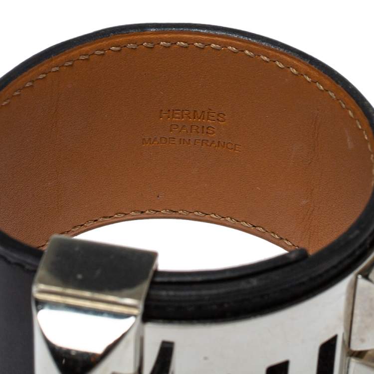 Pre Owned Hermès Collier de Chien Black Leather Palladium Plated Wide Bracelet S