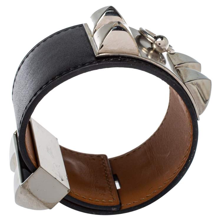 Pre Owned Hermès Collier de Chien Black Leather Palladium Plated Wide Bracelet S