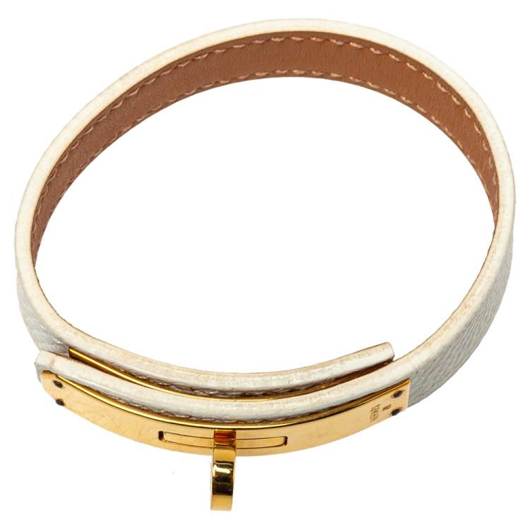 Pre Owned Hermès White Leather Gold Plated Kelly Single Tour Bracelet M