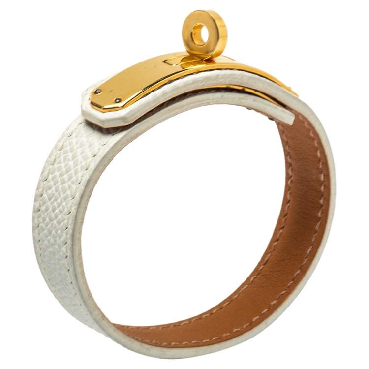 Pre Owned Hermès White Leather Gold Plated Kelly Single Tour Bracelet M