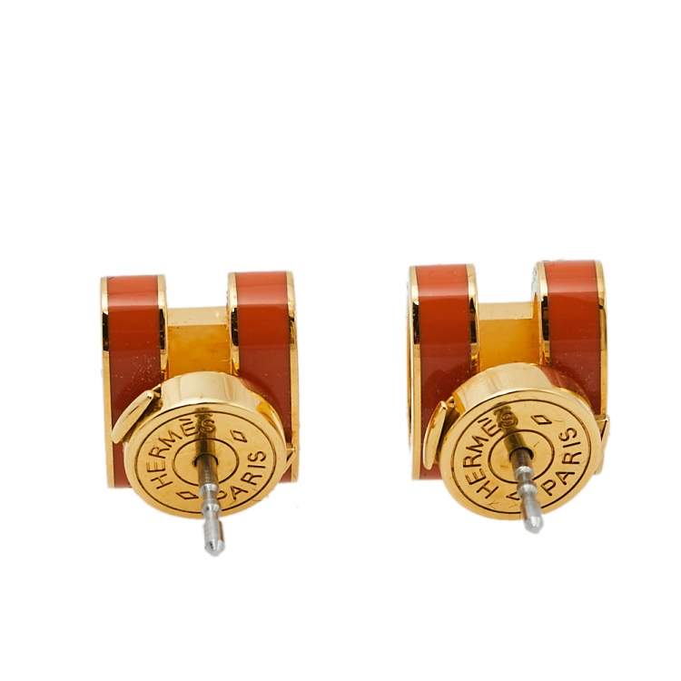 Pre Owned Hermès Pop H Orange Lacquered Gold Plated Stud Earrings