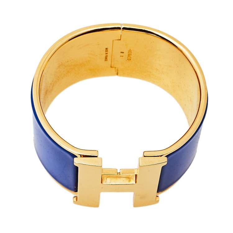 Pre Owned Hermès Clic H Blue Enamel Gold Plated Extra Wide Bracelet PM