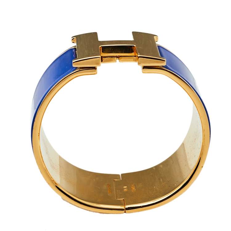 Pre Owned Hermès Clic H Blue Enamel Gold Plated Extra Wide Bracelet PM