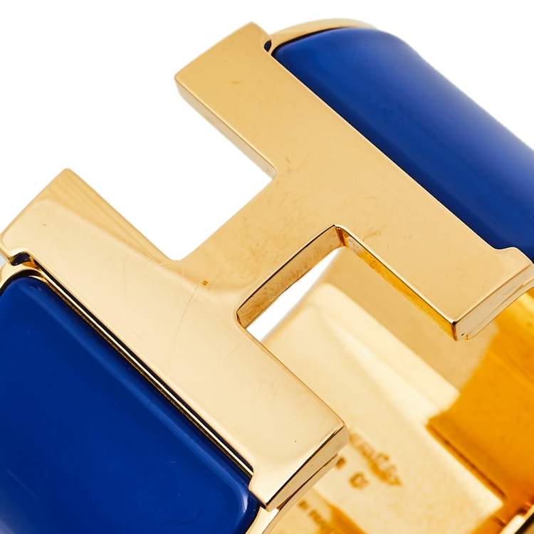 Pre Owned Hermès Clic H Blue Enamel Gold Plated Extra Wide Bracelet PM