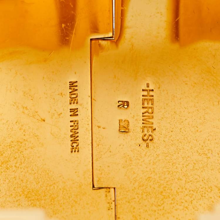 Pre Owned Hermès Clic H Blue Enamel Gold Plated Extra Wide Bracelet PM