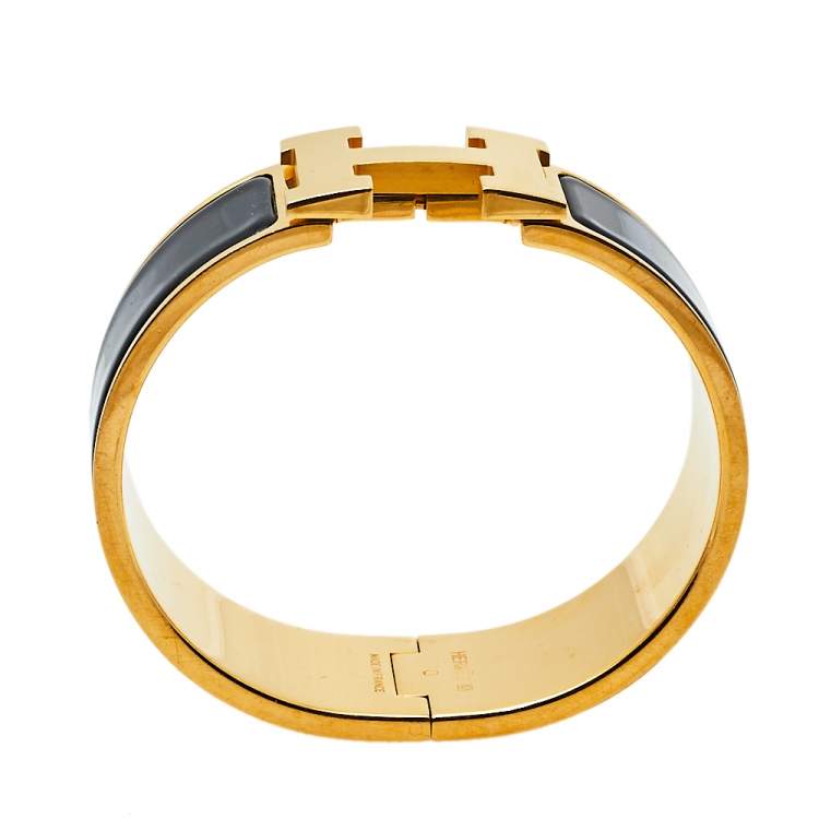 Pre Owned Hermès Clic Clac H Black Enamel Gold Plated Wide Bracelet PM 