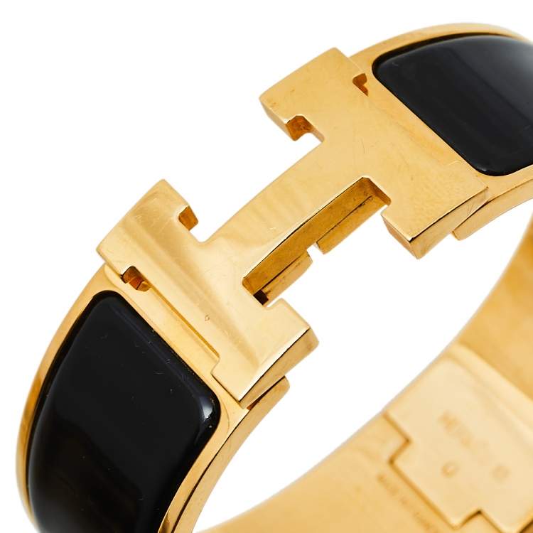 Pre Owned Hermès Clic Clac H Black Enamel Gold Plated Wide Bracelet PM 