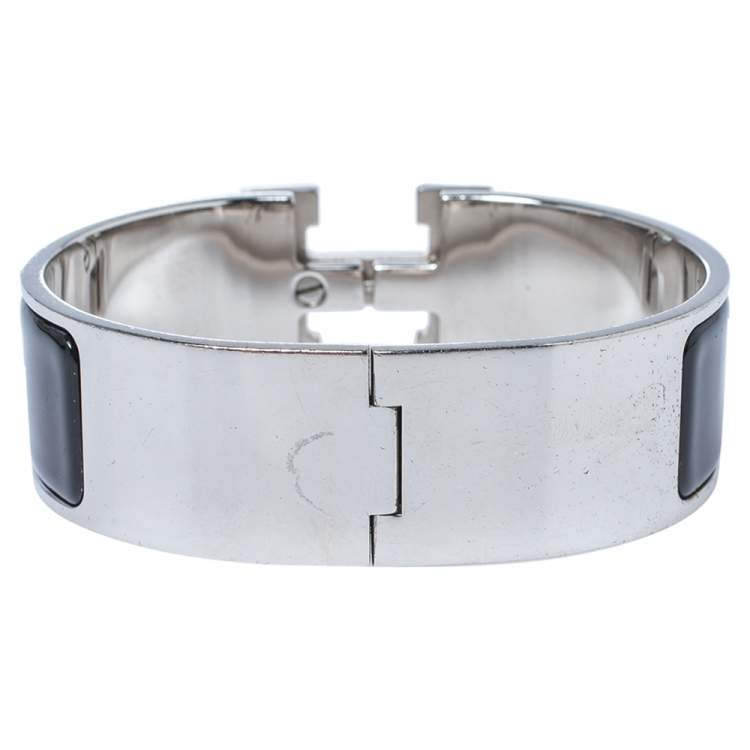 Pre Owned Hermès Clic Clac H Black Enamel Palladium Plated Wide Bracelet GM