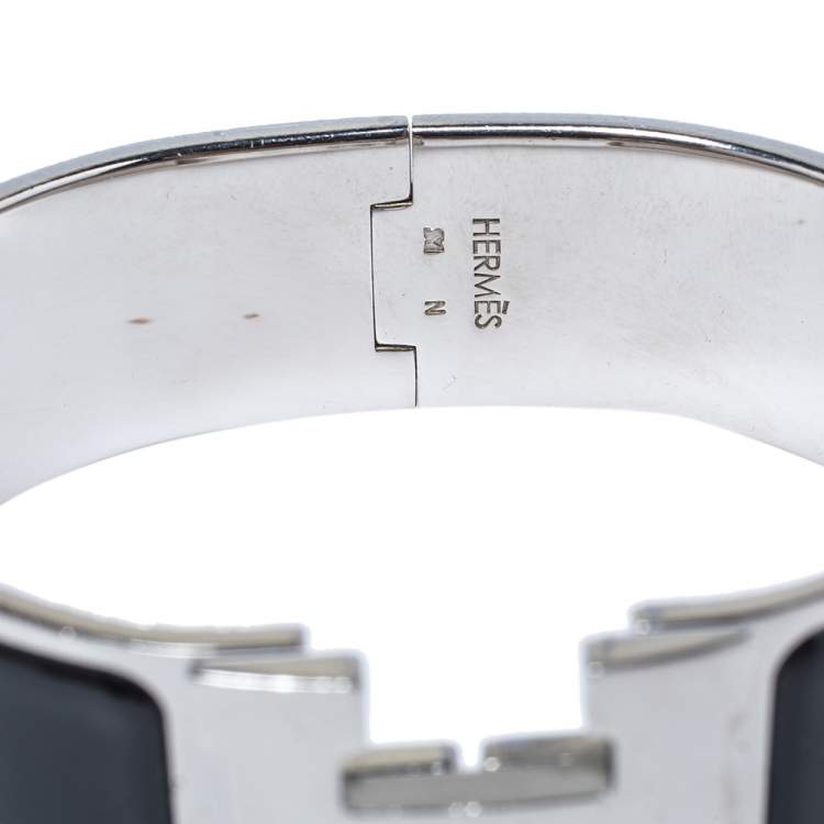 Pre Owned Hermès Clic Clac H Black Enamel Palladium Plated Wide Bracelet GM