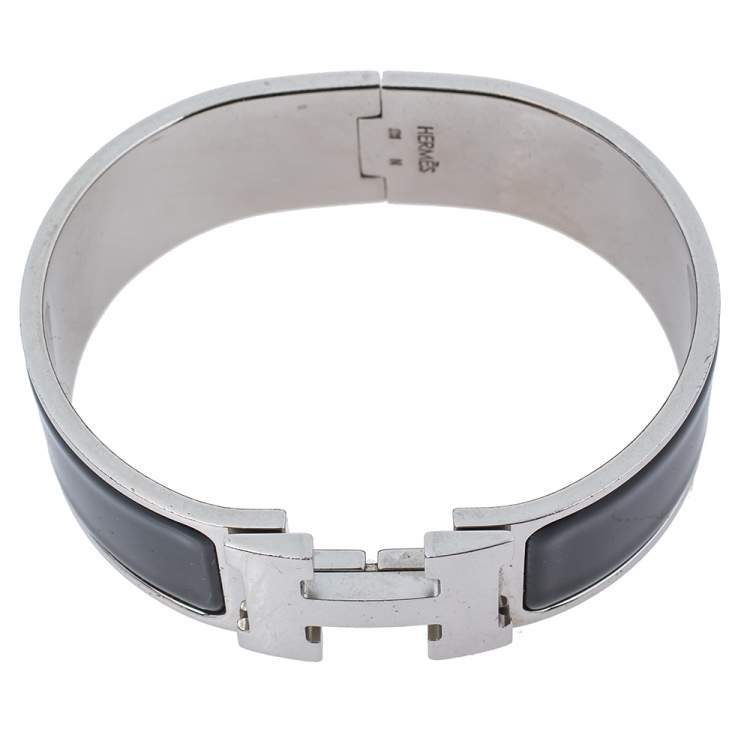 Pre Owned Hermès Clic Clac H Black Enamel Palladium Plated Wide Bracelet GM