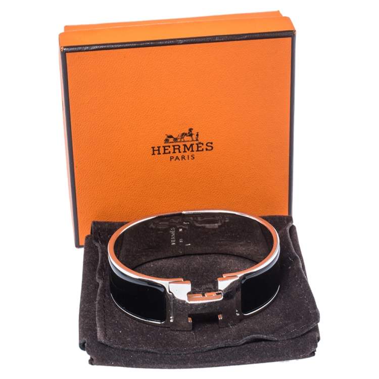 Pre Owned Hermès Clic Clac H Black Enamel Palladium Plated Wide Bracelet GM