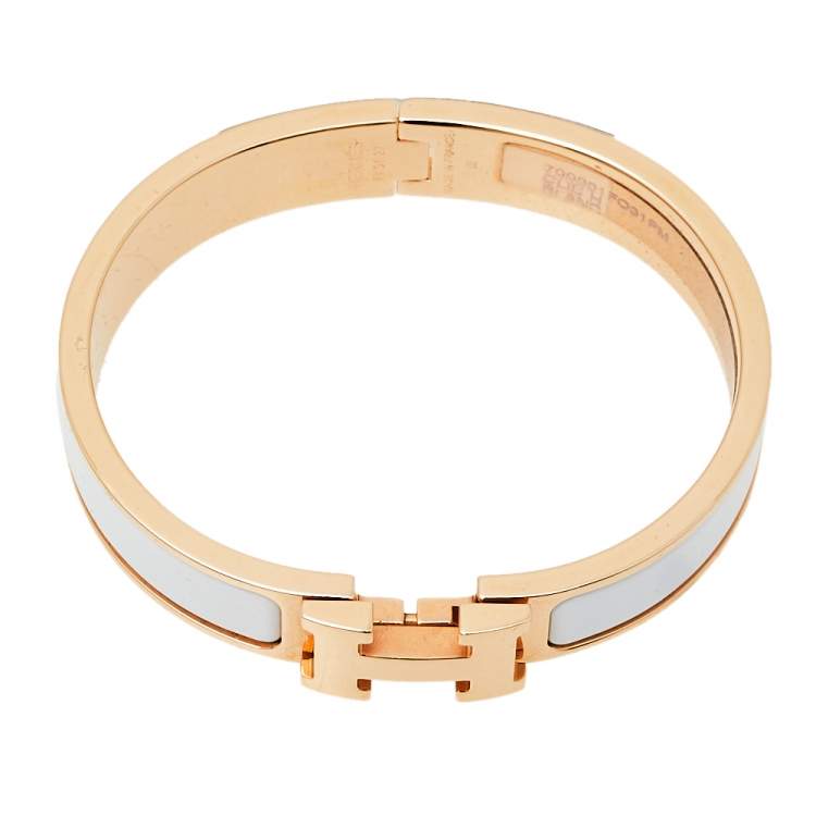 Pre Owned Hermes Rose Gold Plated White Enamel Clic H Narrow Bracelet PM