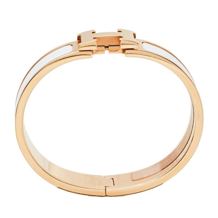 Pre Owned Hermes Rose Gold Plated White Enamel Clic H Narrow Bracelet PM