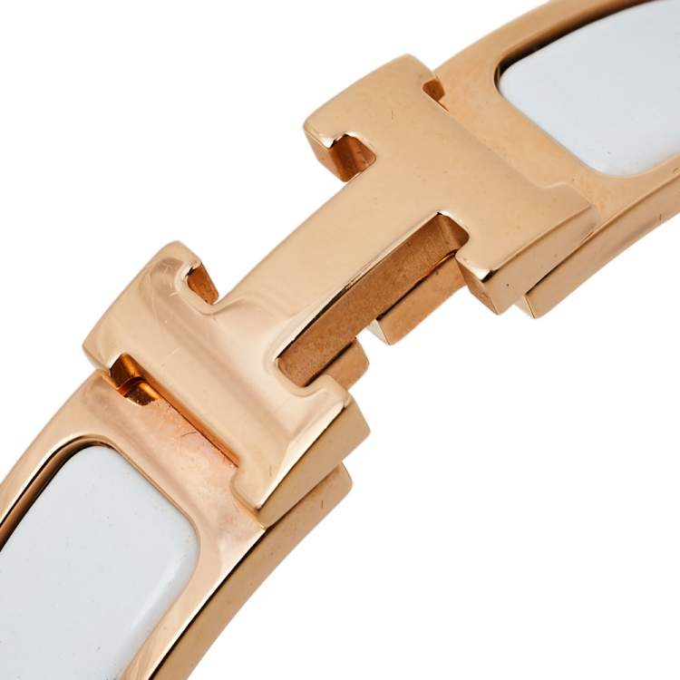 Pre Owned Hermes Rose Gold Plated White Enamel Clic H Narrow Bracelet PM