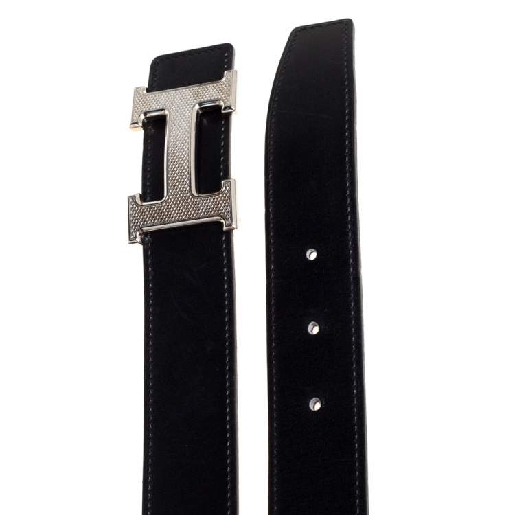 Pre Owned Hermes Black/Cacao Box Calf and Togo Leather Guillochee H Buckle Reversible Belt 80CM