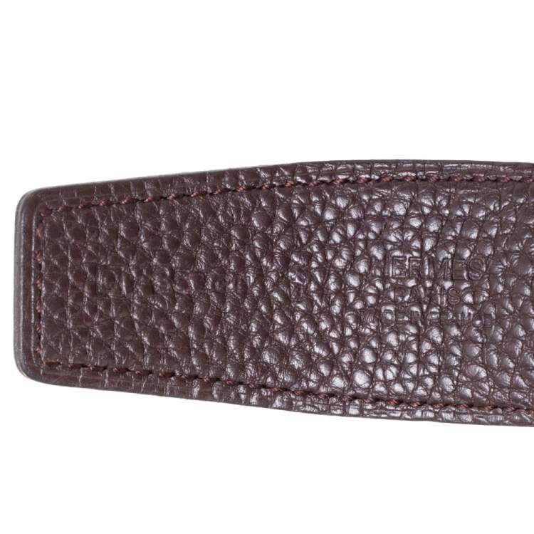 Pre Owned Hermes Black/Cacao Box Calf and Togo Leather Guillochee H Buckle Reversible Belt 80CM