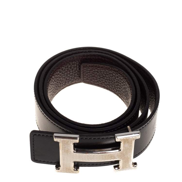 Pre Owned Hermes Black/Cacao Box Calf and Togo Leather Guillochee H Buckle Reversible Belt 80CM