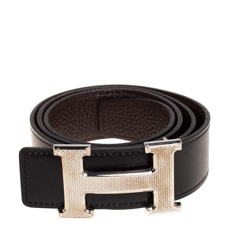 Hermes Black/Cacao Box Calf and Togo Leather Guillochee H Buckle Reversible  Belt 80CM Hermes