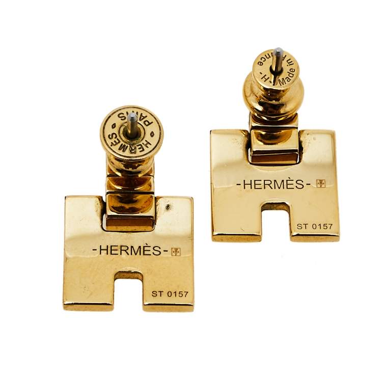 Pre Owned Hermès Gold Plated Grey Lacquer Eileen Earrings