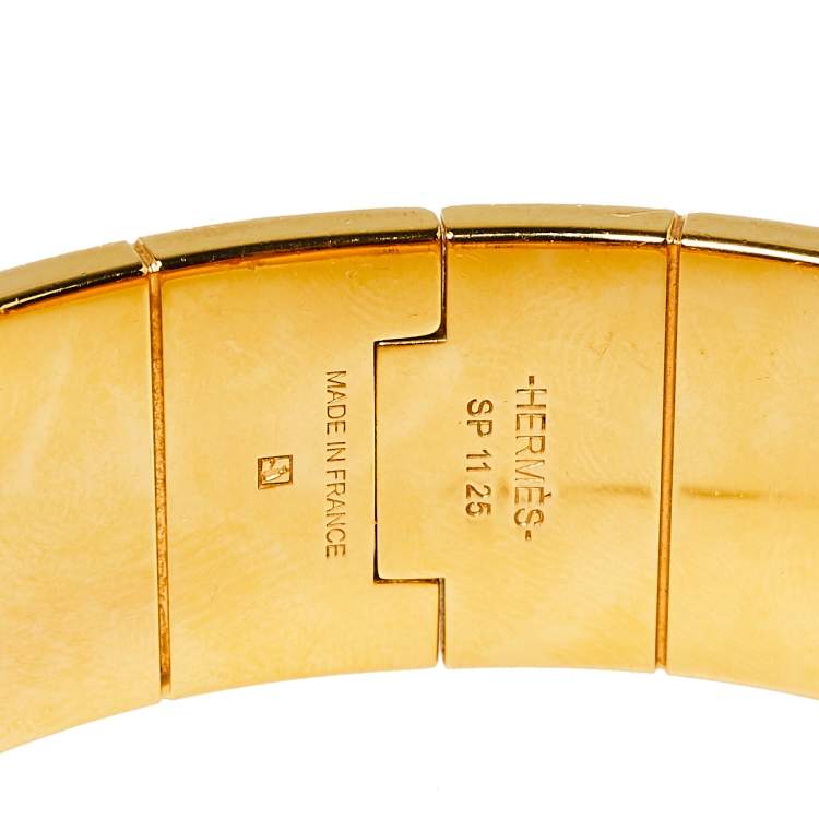 Pre Owned Hermes Charniere Gold Plated Black Enamel Uni Wide Hinged Bracelet S
