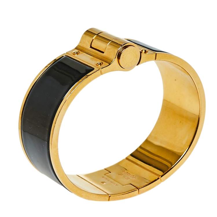 Pre Owned Hermes Charniere Gold Plated Black Enamel Uni Wide Hinged Bracelet S