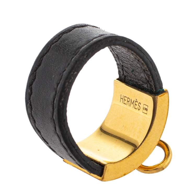Pre Owned Hermes Collier De Chien Gold Plated and Black Leather Band Ring Size EU 61