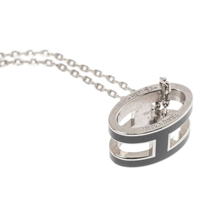 Pre Owned Hermès Black Lacquer Palladium Plated Pop H Pendant Necklace