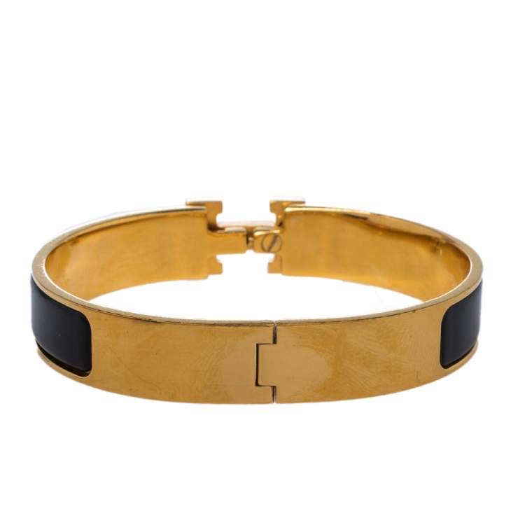 Pre Owned Hermès Clic H Black Enamel Gold Plated Narrow Bracelet PM