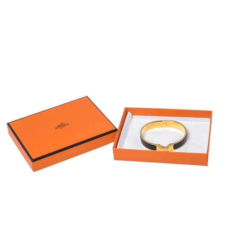 Pre Owned Hermès Clic H Black Enamel Gold Plated Narrow Bracelet PM