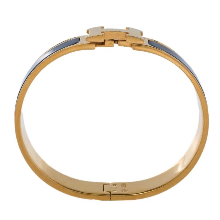 Pre Owned Hermès Clic H Black Enamel Gold Plated Narrow Bracelet PM