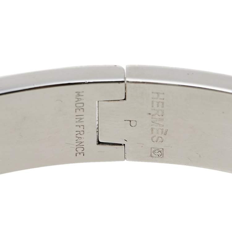 Pre Owned Hermès Clic H White Enamel Palladium Plated Narrow Bracelet PM 