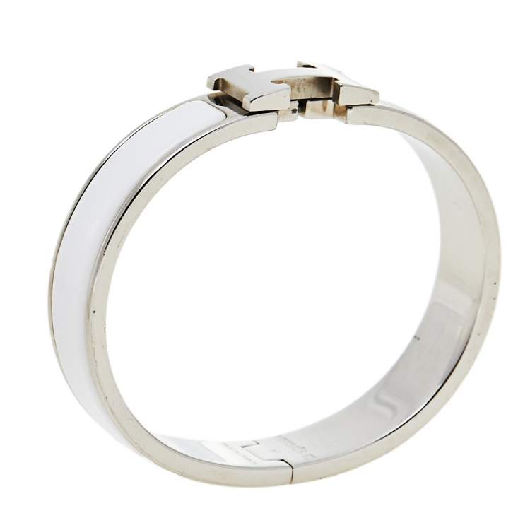 Pre Owned Hermès Clic H White Enamel Palladium Plated Narrow Bracelet PM 