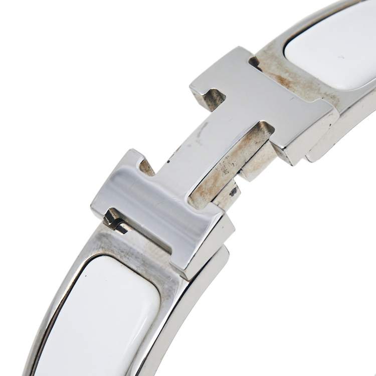 Pre Owned Hermès Clic H White Enamel Palladium Plated Narrow Bracelet PM 