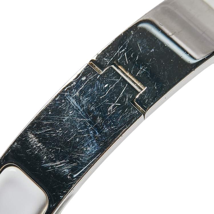 Pre Owned Hermès Clic H White Enamel Palladium Plated Narrow Bracelet PM 