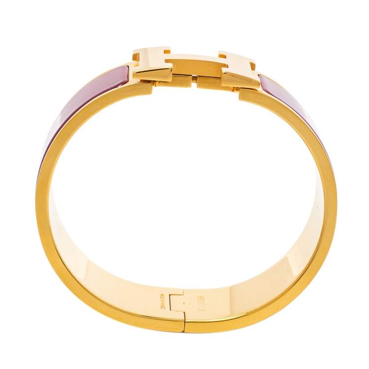 Pre Owned Hermès Clic Clac H Purple Enamel Gold Plated Wide Bracelet PM