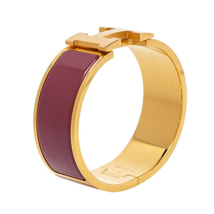 Pre Owned Hermès Clic Clac H Purple Enamel Gold Plated Wide Bracelet PM
