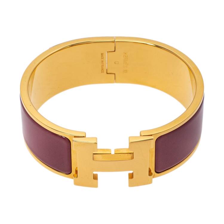 Pre Owned Hermès Clic Clac H Purple Enamel Gold Plated Wide Bracelet PM